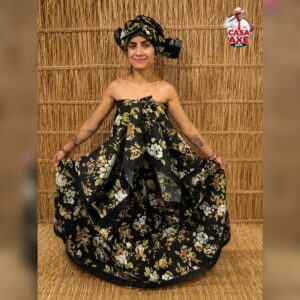 Saia Rodada - Preta Floral Dourada | Casa do Axe Udi