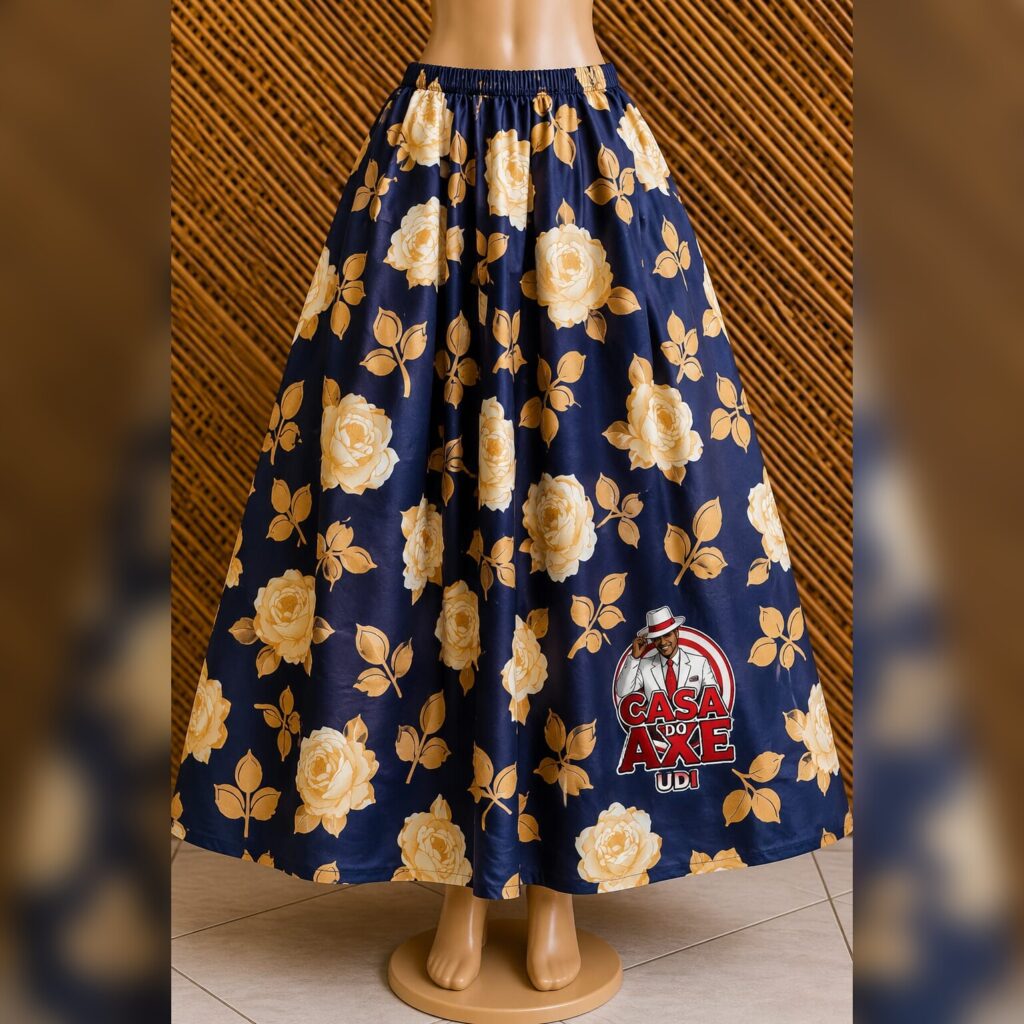 Saia Rodada - Azul Marinho com Rosas Douradas | Casa do Axe Udi