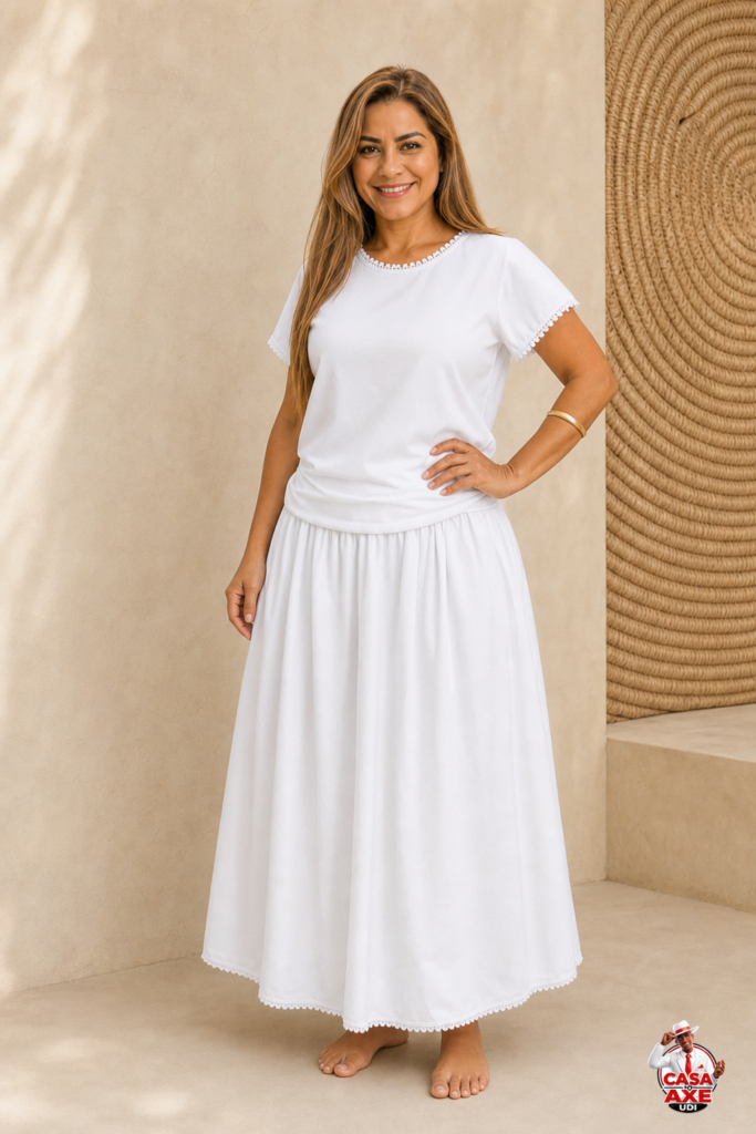 Conjunto feminino branco oxford para roupa de santo