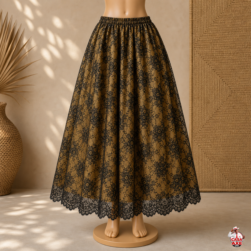Saia de Renda com Forro - Preta e Dourada Floral | Casa do Axé Udi