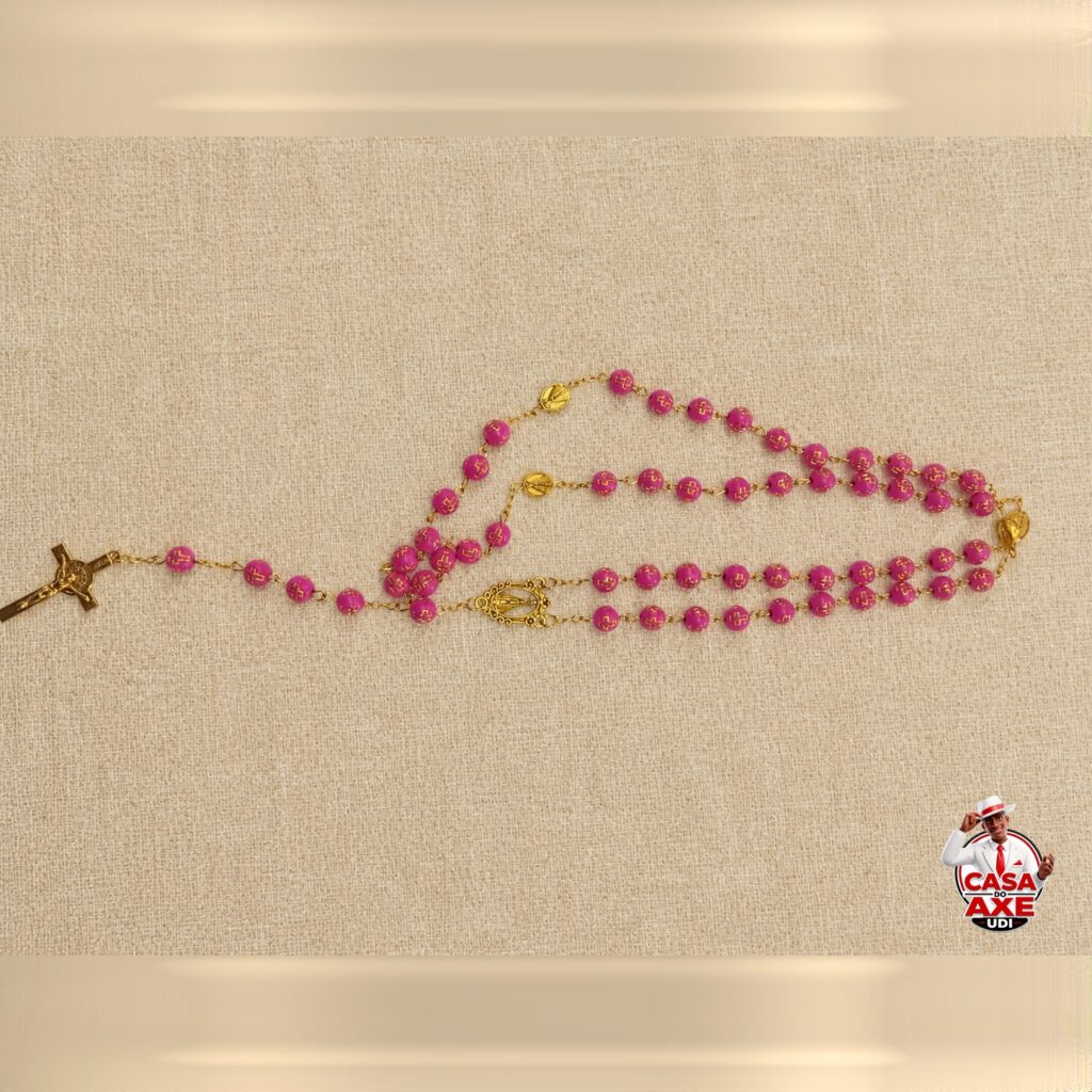 Terço Pink com Crucifixo Dourado | Casa do Axe Udi