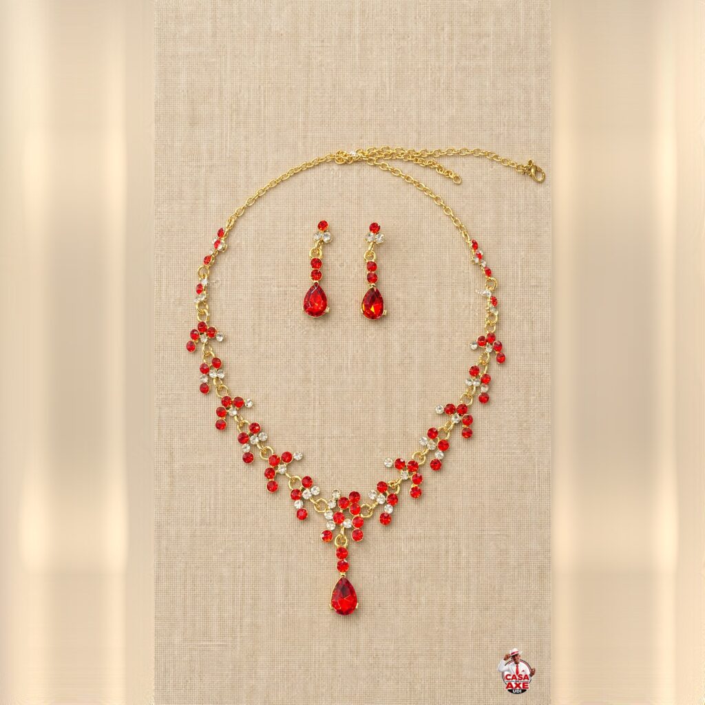 Conjunto Colar e Brincos Vermelho e Dourado | Casa do Axe Udi
