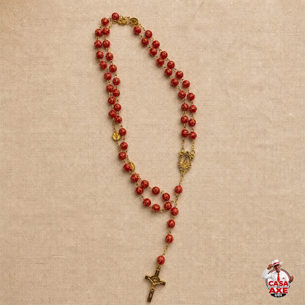 Terço Vermelho com Crucifixo Dourado | Casa do Axe Udi