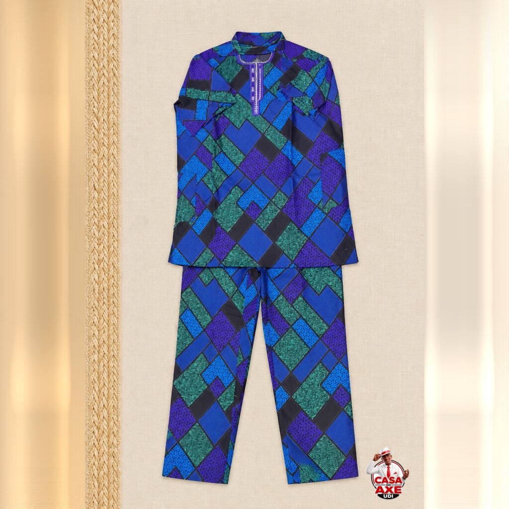 Conjunto Africano Azul e Verde Geométrico - Bata e Calça | Casa do Axe Udi