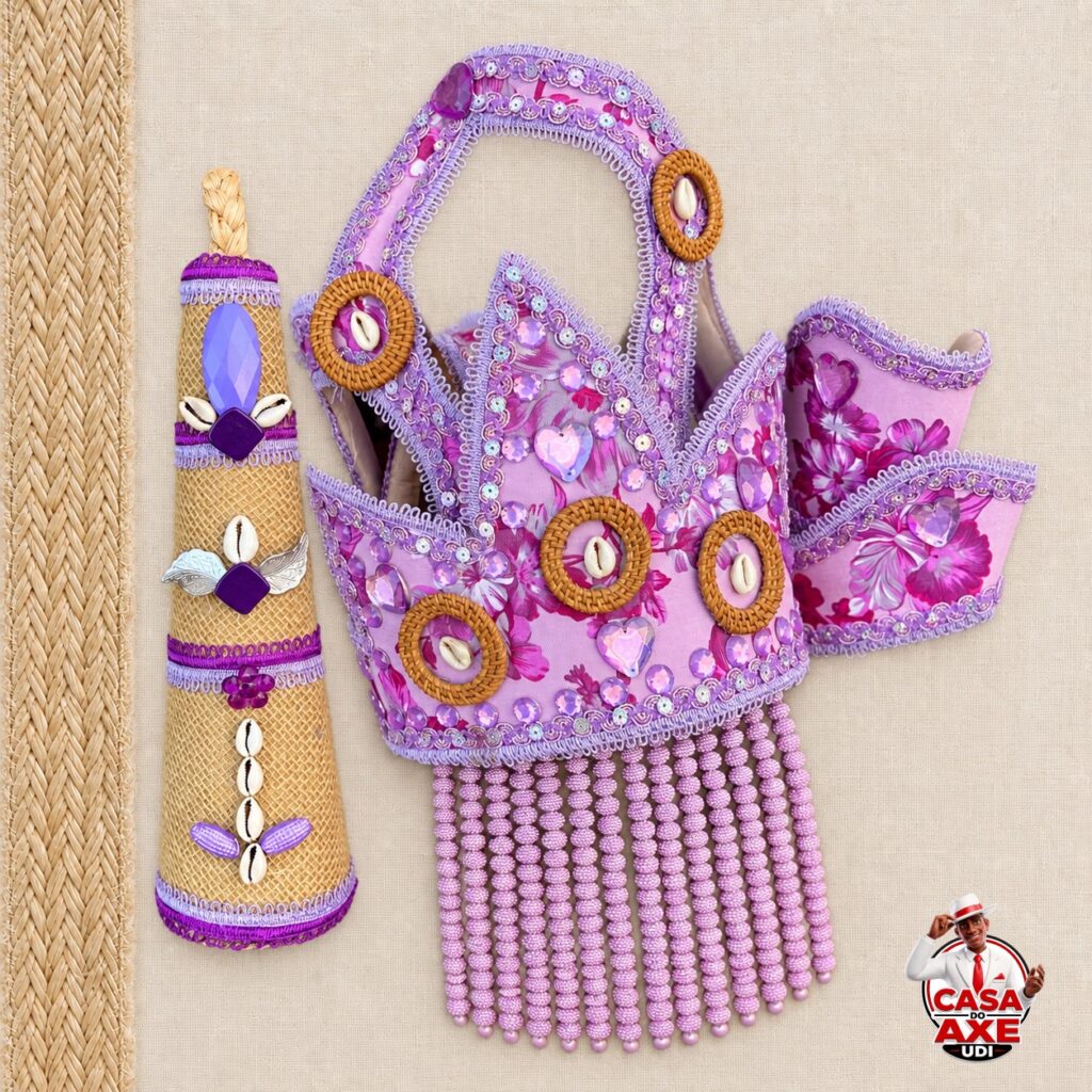Paramenta Rosa e Lilás com Franja de Contas - Coroa, Braceletes e Ferramenta | Casa do Axe Udi