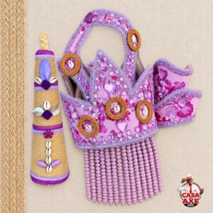 Paramenta Rosa e Lilás com Franja de Contas - Coroa, Braceletes e Ferramenta | Casa do Axe Udi