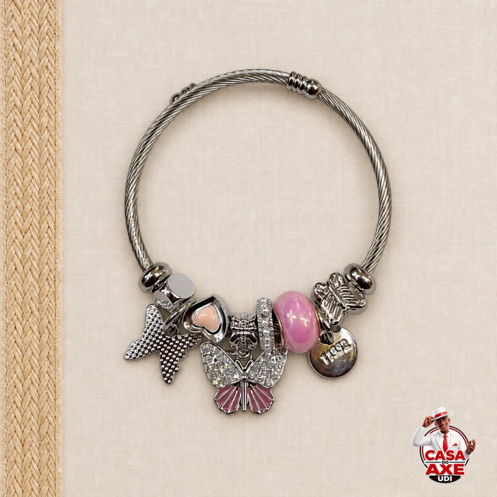 Pulseira de Berloques Prata com Rosa | Casa do Axe Udi