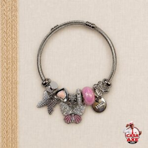 Pulseira de Berloques Prata com Rosa | Casa do Axe Udi