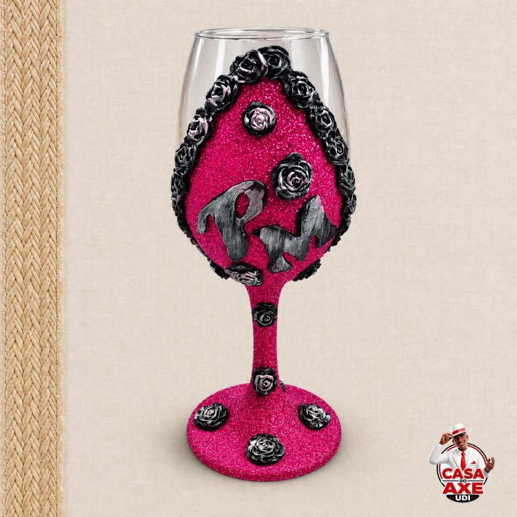 Taça Decorada Pink com Rosas Pretas - Pomba Gira | Casa do Axe Udi