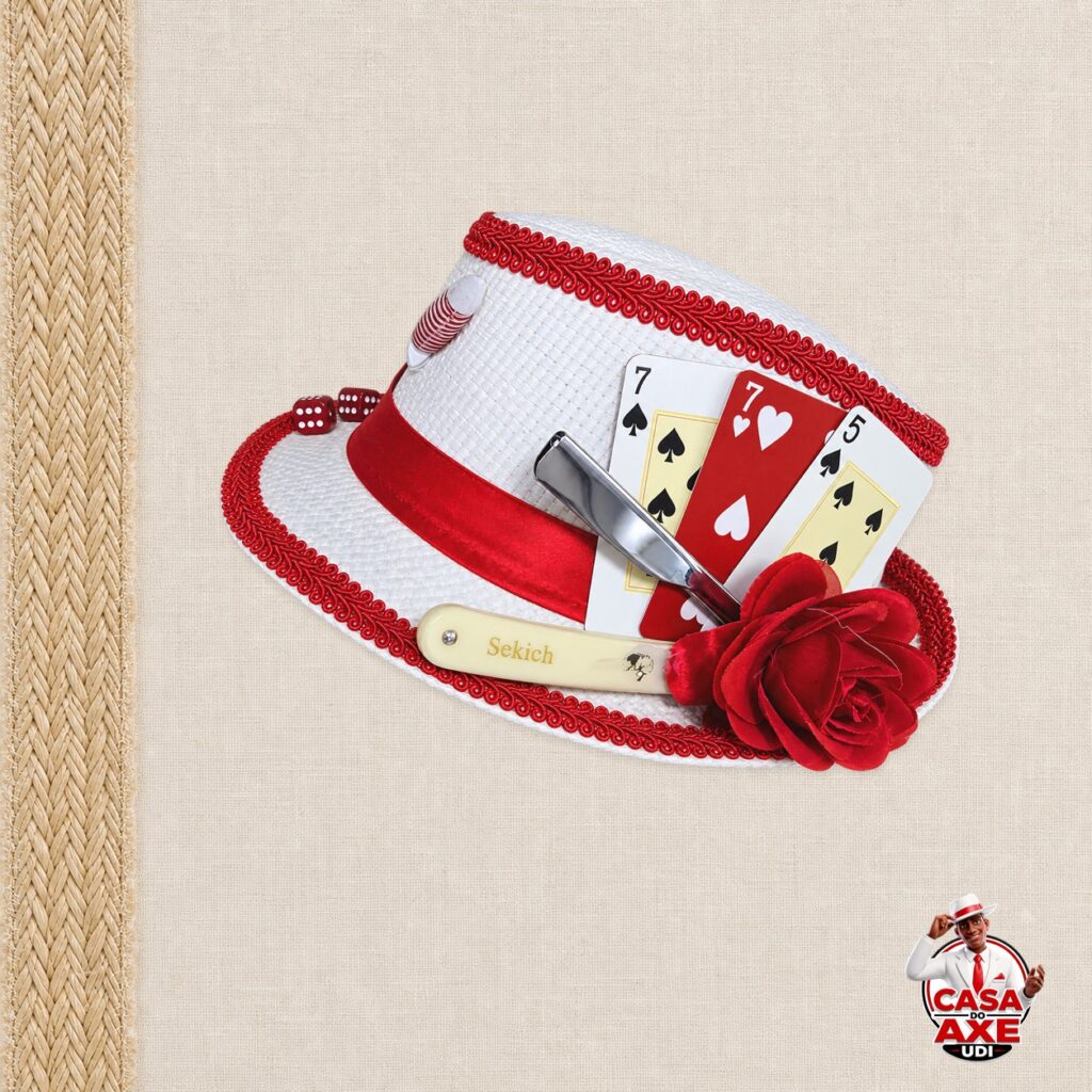 Chapéu Branco e Vermelho com Cartas, Navalha e Rosa - Malandro | Casa do Axe Udi