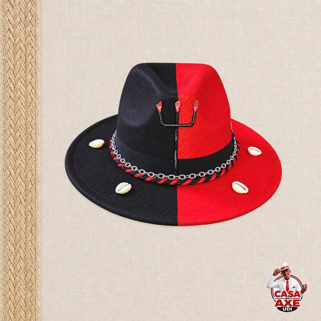 Chapéu Preto e Vermelho com Tridente e Búzios - Exu | Casa do Axe Udi